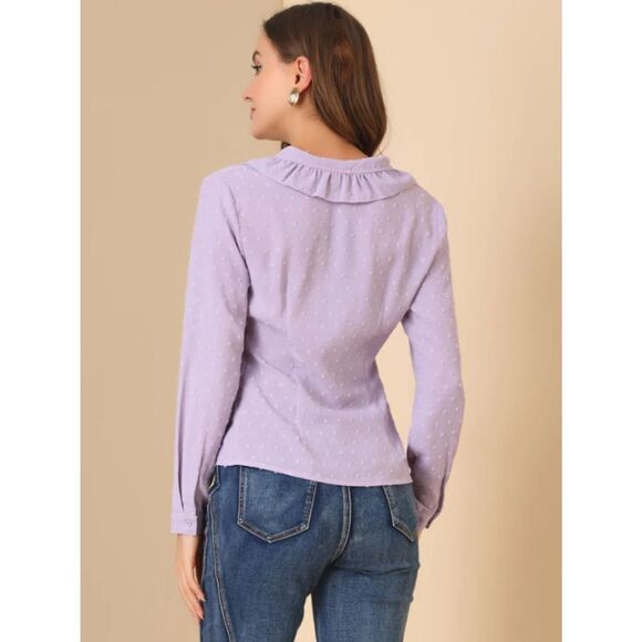 Swiss Dots Long Sleeve Button Front Ruffled Collar Shirt- Allegra K, Lavender S - Picture 2 of 9